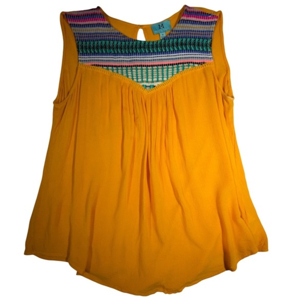 South Main Mustard Yellow Sleeveless Embroidered Boho Blouse Top Medium‎